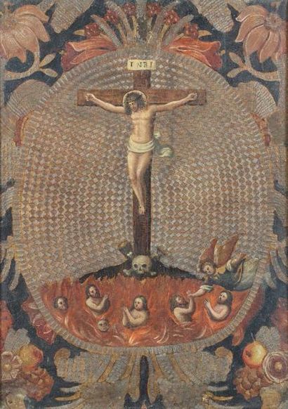 École ESPAGNOLE du XVIIe siècle Crucifixion et l'enfer
Huile sur cuir
51 x 34,5 cm...