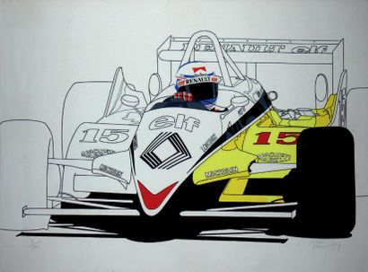 Michel RAIMON Lithographie figurant la Formule 1 RENAULT d'Alain PROST Edition limitée...