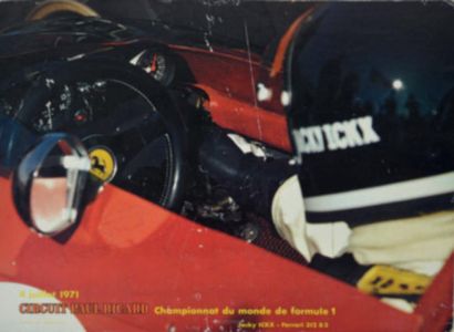 null Dédicace de Jacky Ickxx en 1971 sur un poster d'époque d'une Ferrari F1 au circuit...