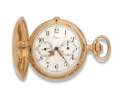 LONGINES.Vers 1900. 
°Montre de poche chronographe savonnette en or 18K (750). Cadran...