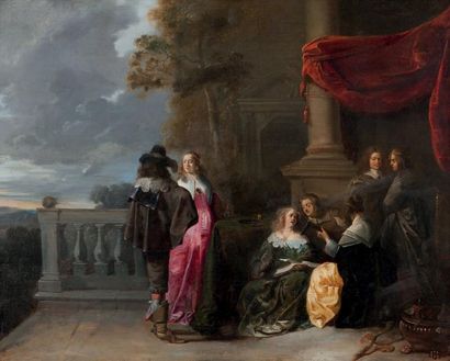 GONZALES COQUES (ANVERS 1614 - 1684) 
Musiciens devant un palais
Panneau de chêne...