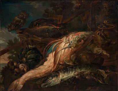 Felice BOSELLI (Plaisance 1650 - Parme 1732) 
Etalage de poissons avec des champignons,...