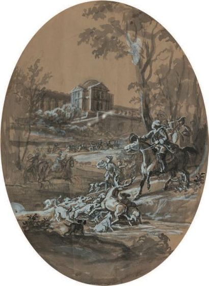JEAN - CHARLES DEVELLY (PARIS 1783 - SÈVRES 1862) 
L'hallali du cerf
Lavis noir et...