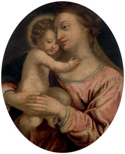 École FRANÇAISE du début du XVIIe siècle 
Vierge à l'Enfant
Toile marouflée sur panneau...