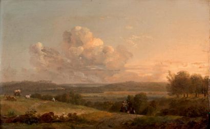 EUSTACHE FRANÇOIS DUVAL (PARIS 1760 - 1836) 
Paysage au berger
Panneau préparé 20,5...