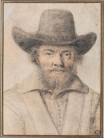 NICOLAS LAGNEAU (VERS 1590 - 1610) Portrait d'homme au chapeau
Pierre noire, sanguine...