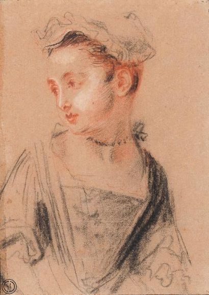 ANTOINE WATTEAU (VALENCIENNES 1684 - NOGENT SUR-MARNE 1721) Une jeune femme portant...