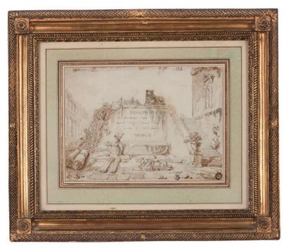 Hubert ROBERT (Paris 1733 - 1808) Projet de frontispice
Plume et encre grise, lavis...