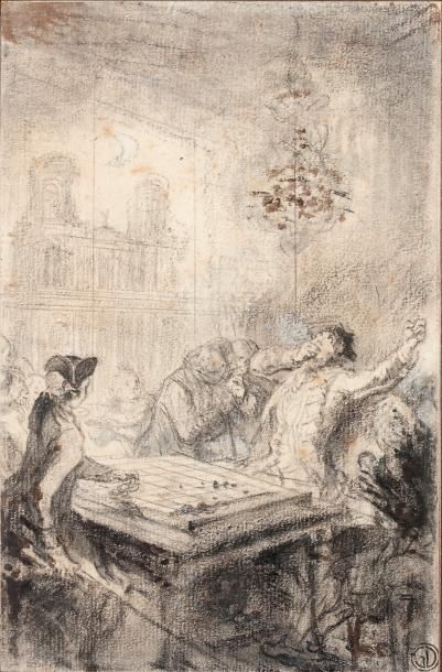 Gabriel DE SAINT AUBIN (1724 - 1780) Scène de jeu dans un café de la place Saint...
