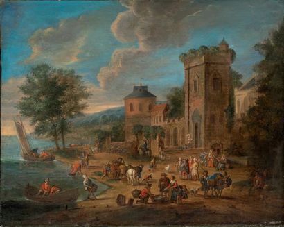 MATHYS SCHOEVAERDTS (BRUXELLES 1663 - 1703) Scène de marché devant une église
Scène...