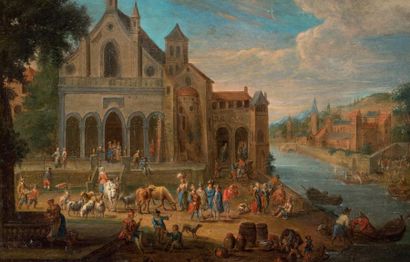 MATHYS SCHOEVAERDTS (BRUXELLES 1663 - 1703) Scène de marché devant une église
Scène...