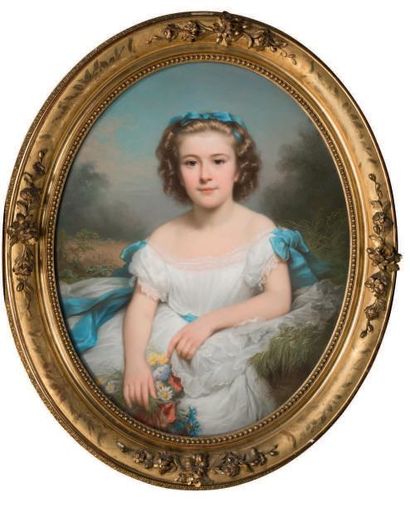 MARIE DE LAGE, 1862 Jeune fille au bouquet
Pastel ovale
78 x 63 cm
Accidents au ...