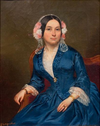 Auguste CHARPENTIER (1813/15-1880) Portrait de femme à la robe bleue
Toile
26,5 x...