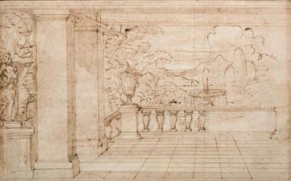 Attribué à Sébastien BOURDON (1616 - 1671) Scène de décor de théâtre ou de Terrasse...