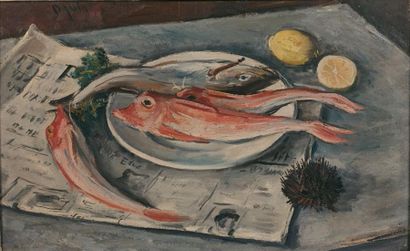 Takanori OGUISS (1901-1986) Rougets et oursin aux deux citrons, 1938
Huile sur toile,...