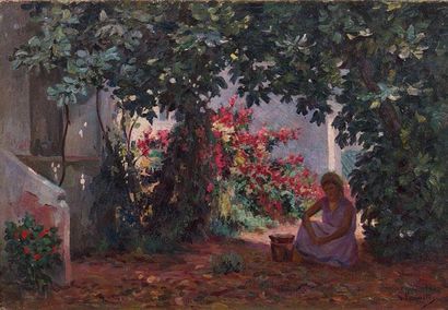 Gustave LEMAITRE (1862-1920) Dans le jardin, la préparation du repas
Huile sur toile,...