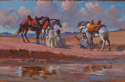 Maurice ROMBERG (1862-1943) Repos des cavaliers, Maroc
Huile sur carton, signée en...