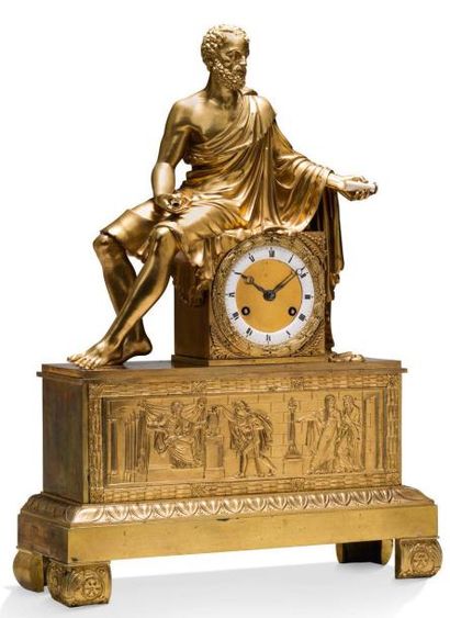 null PENDULE BORNE en bronze ciselé et doré représentant Virgile assis tenant des...