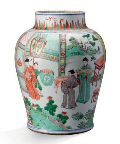 CHINE XIXe SIÈCLE, STYLE KANGXI 
Vase en porcelaine famille verte décoré d'une scène...
