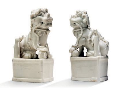 Chine XIXe siècle Paire de chiens de Fô porte-encens en porcelaine blanc de Chine.
H:...