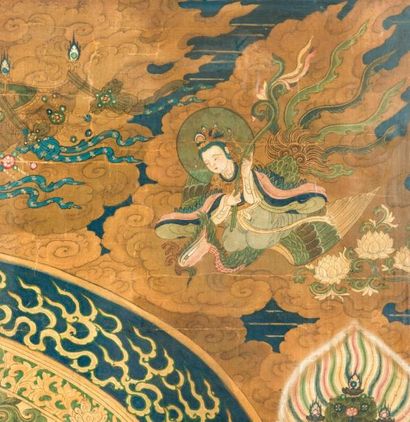 CHINE - Epoque MING (1368-1644) Encre et couleurs sur soie, représentant bouddha...