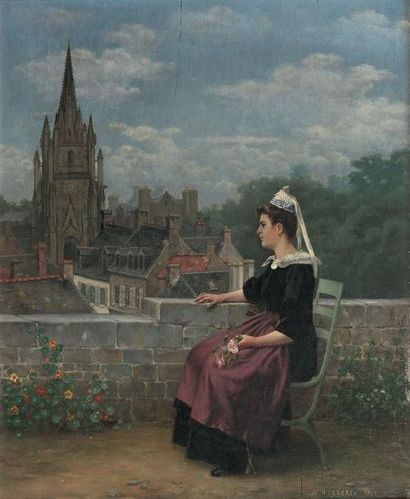 Adolphe Alexandre LESREL (1839-1929) 
Bretonne sur une terrasse,
Huile sur panneau,...