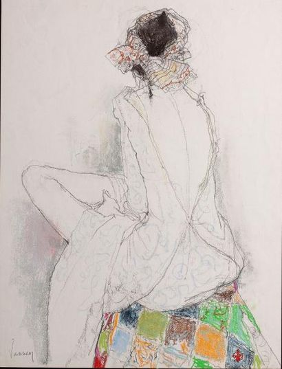 JEAN JANSEM (1920-2013) 
Jeune fille assise de dos sur patchwork, 1995 et au verso,...