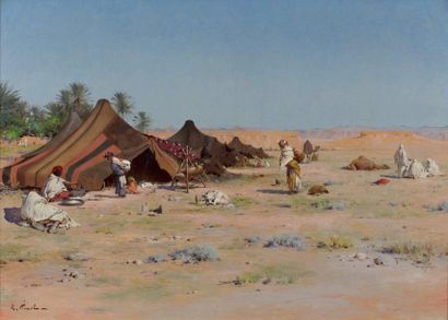 Gustave PINEL (1842-1896) 
Campement de nomades, près de Biskra Huile sur toile,...