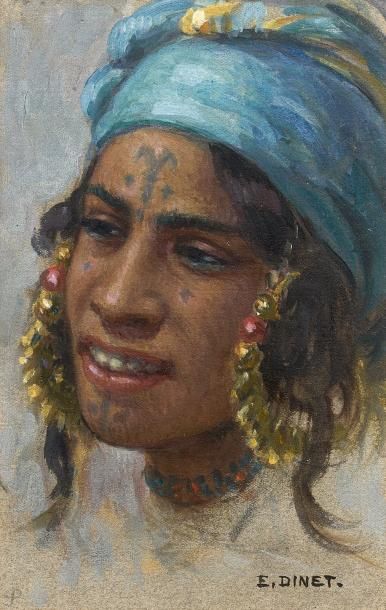 Etienne ALPHONSE DINET (1861-1929) 
Jeune femme au turban bleu
Gouache et huile sur...
