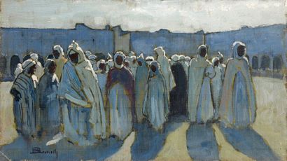 Maurice BOUVIOLLE (1893-1971) 
Le marché de Ghardaïa Huile sur toile marouflée sur...