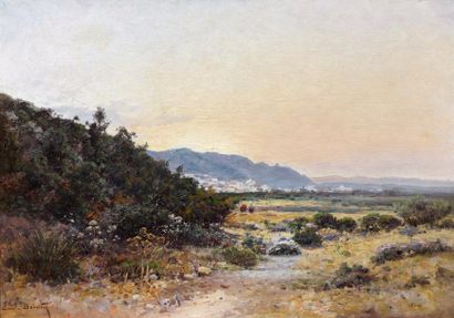 Emile BOIVIN (1846-1920) 
Plaine d'Hammam-Lif, Tunisie, soleil couchant
Huile sur...