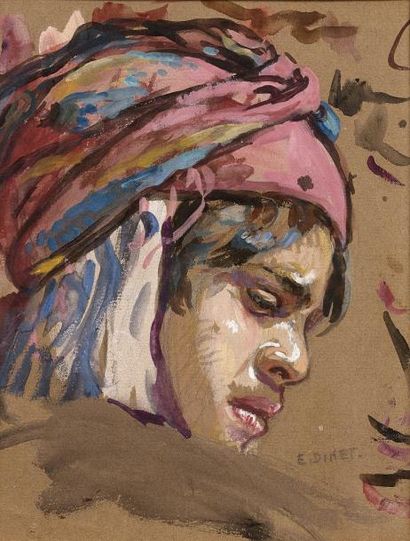 Etienne ALPHONSE DINET (1861-1929) 
Jeune femme au turban rose
Gouache sur papier,...