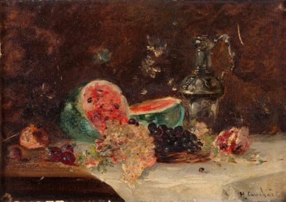 Eugene Henri CAUCHOIS (1850-1911) 
Nature morte aux raisins, pastèque et carafe de...