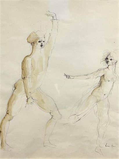 Léonor FINI (1907-1996) 
Jeux d'ombres, 1984
Encre de chine et aquarelle sur papier,...