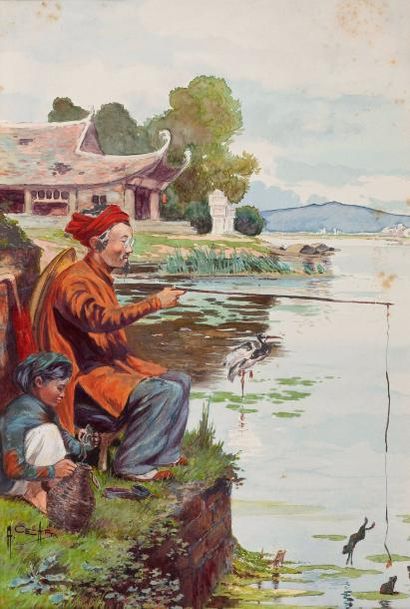 Albert CÉZARD (1869-c.1916) 
La pêche
Aquarelle sur papier, signée en bas à gauche
30...