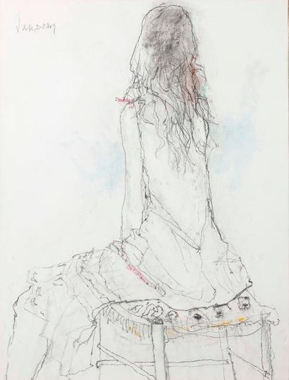 JEAN JANSEM (1920-2013) 
Jeune fille assise de dos
Crayon et pastel sur papier, signée...
