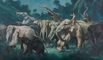 Eugène LELIEPVRE (1908-2013) 
Les éléphants
Huile sur panneau, signée en bas à droite...