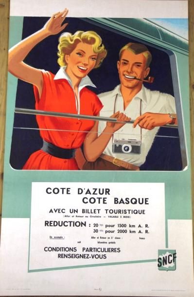 null SNCF - 4 Affiches : Billets de famille par FORË, 1958 - Avec le train … (Sports...