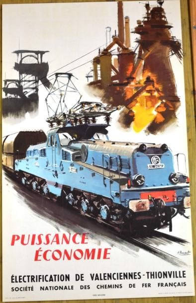 null A. BRENET - 3 Affiches pour la SNCF, 1955-65. Locomotives en gros plan,
100...