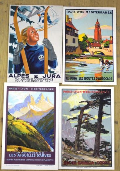 null PLM - Ensemble de 8 affichettes dont Autocars Alpes et Jura, Col de Bavella...