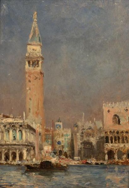 Félix ZIEM (1821-1911) Vue de Venise Huile sur papier marouflée sur panneau, annotée...