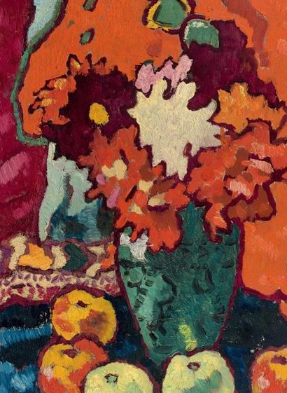 Louis VALTAT (1869-1952) 
Bouquet de fleurs et pommes, circa 1940
Huile sur panneau,...