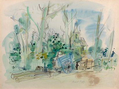 Raoul DUFY (1877-1953) 
Cour de ferme à la charrette, 1943
Aquarelle, signée en bas...