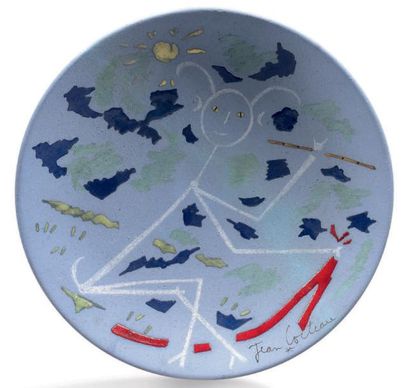 Jean COCTEAU (1889-1963) 
Petit faune joyeux sur bleu
Coupe en céramique, signée...