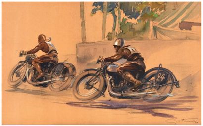 Géo HAM (Georges Hamel) 1900-1972 Deux motards en course
Lithographie signée en bas...