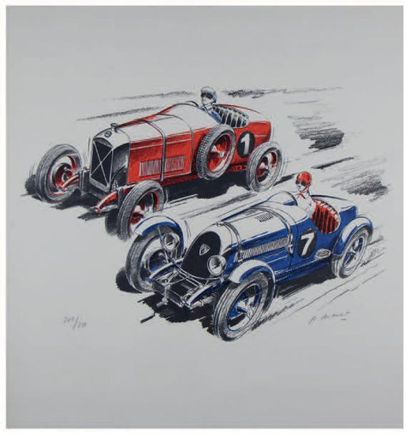 Pierre DUMONT (1920-1987) Sérigraphie représentant deux cyclecars
Salmson et BNC...