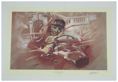 Craig Warwick Sérigraphie représentant Juan Manuel
Fangio dans sa Lancia Ferrari...