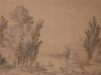 Hubert ROBERT (Paris 1733 - 1808) 
Pêcheurs sur un lac, près d'une villa Pierre noire...