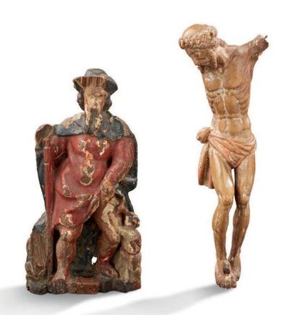 null STATUETTE en bois polychrome et un christ.
XVIIIe siècle H: 24 et 28 cm
Accidents...