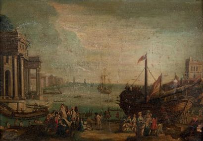 Ecole Flamande du XVIIIe siècle 
Réjouissances dans un port italien
Panneau de chêne,...